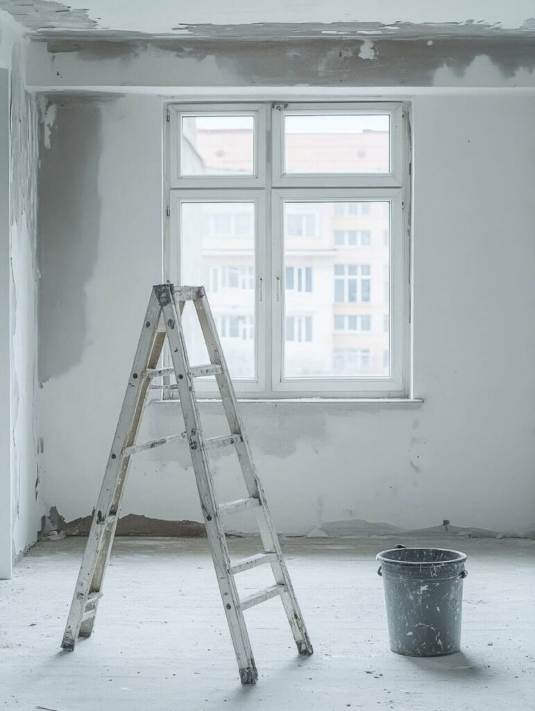 Renovierung Zimmer mit Leiter und Eimer